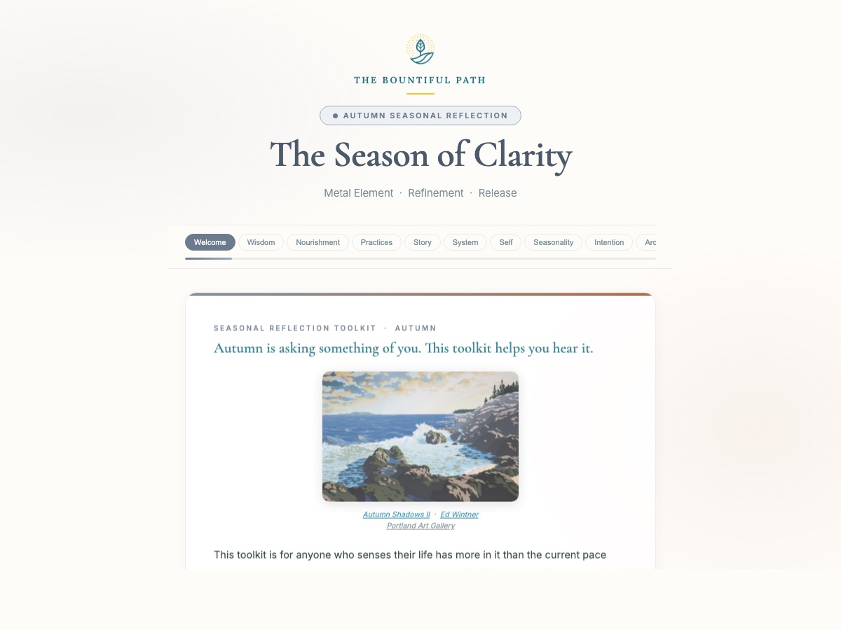 Autumn Companion welcome screen: 'The Season of Clarity' with tabs for Welcome, Wisdom, Nourishment, Practices, Story, System, Self, Seasonality, Intention, and Art