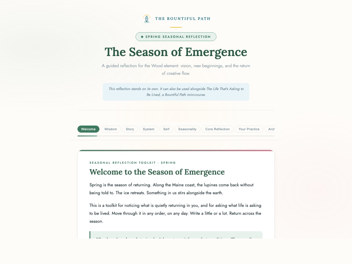 Spring Companion welcome screen: 'The Season of Emergence' with tabs for Welcome, Wisdom, Story, System, Self, Seasonality, Core Reflection, Your Practice, and Art