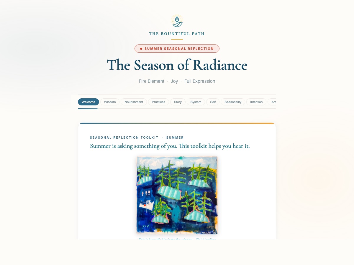 Summer Companion welcome screen: 'The Season of Radiance' with tabs for Welcome, Wisdom, Nourishment, Practices, Story, System, Self, Seasonality, Intention, and Art