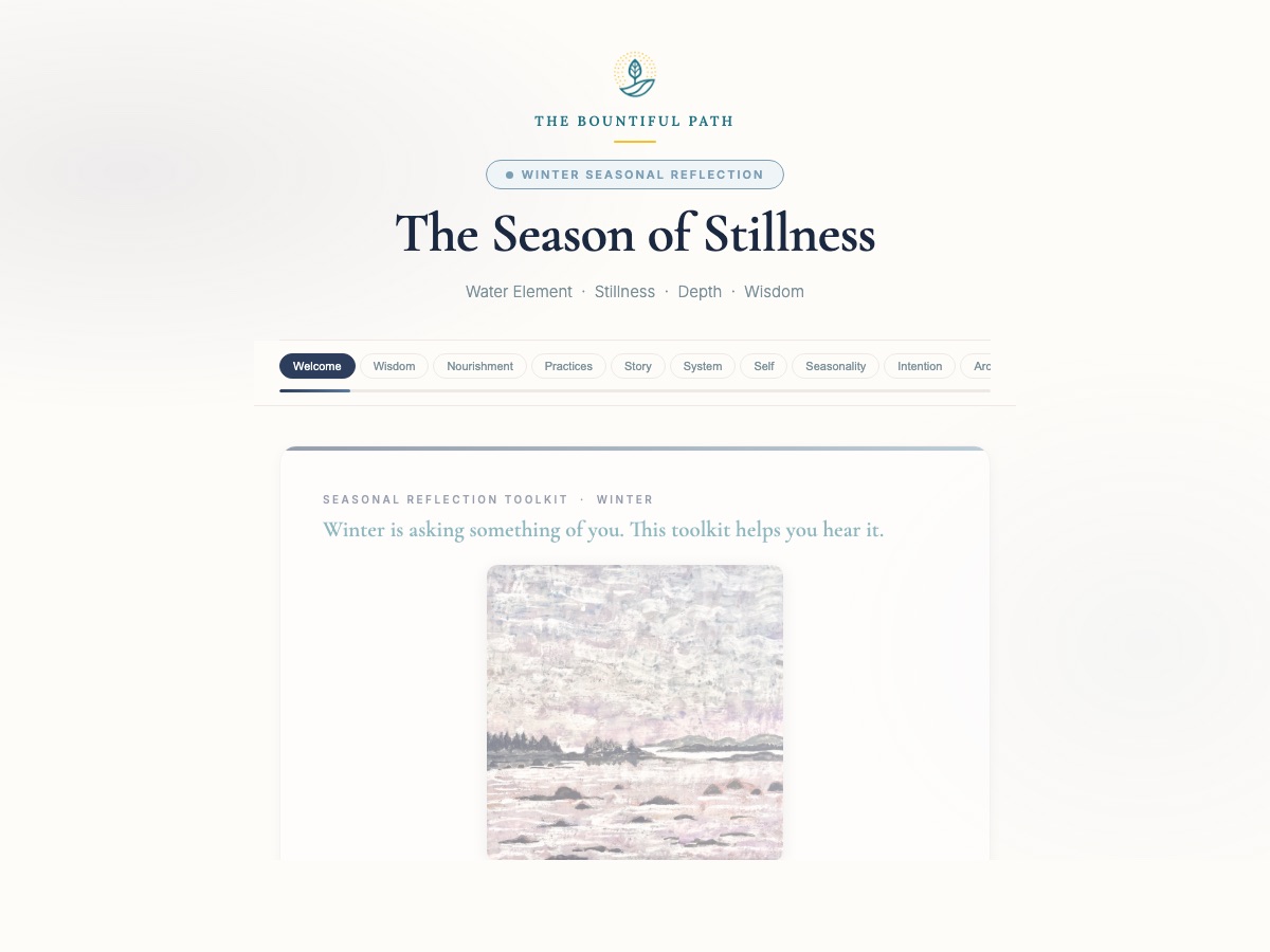 Winter Companion welcome screen: 'The Season of Stillness' with tabs for Welcome, Wisdom, Nourishment, Practices, Story, System, Self, Seasonality, Intention, and Art